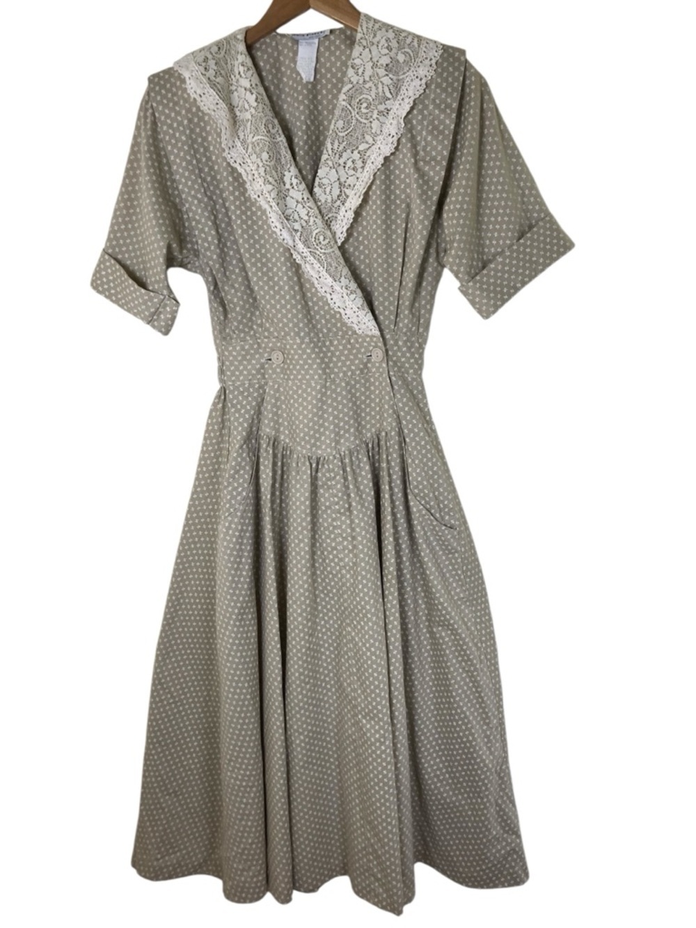 Pea Patch Prairie Cottagecore Dress 9/10 Lace Collar Midi Beige Pockets